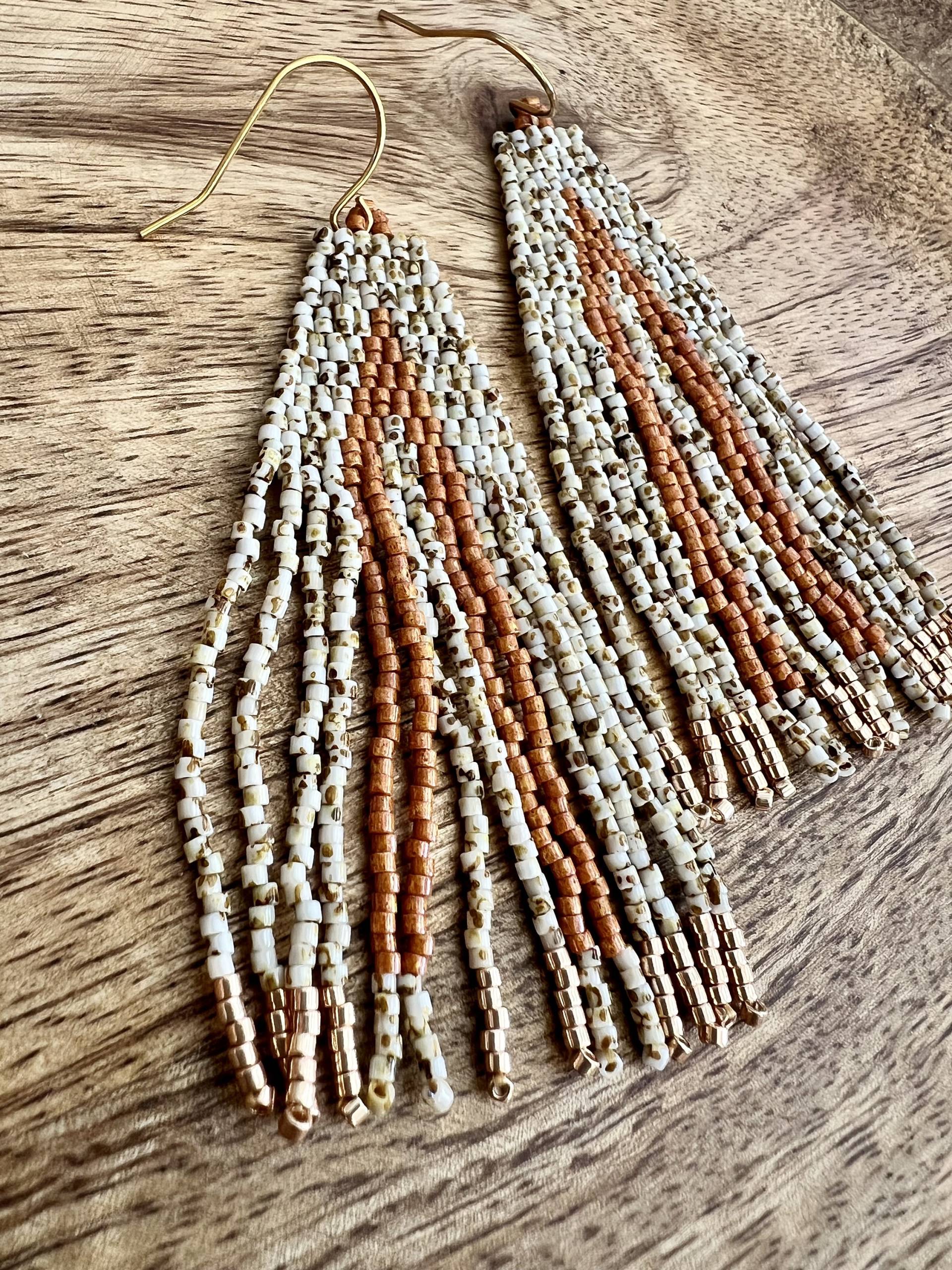 Brown & Beige Picasso Miyuki Beaded Dangle Earrings Handmade Statement Boho von BijouxSamedi