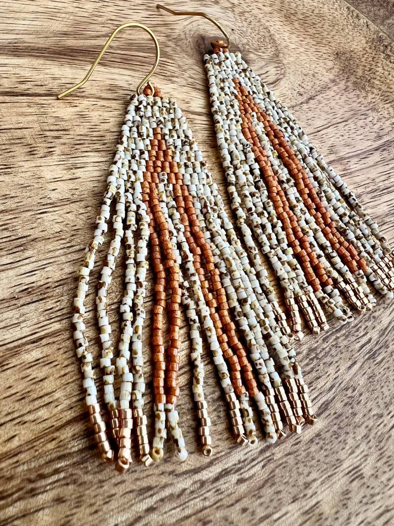 Brown & Beige Picasso Miyuki Beaded Dangle Earrings Handmade Statement Boho von BijouxSamedi