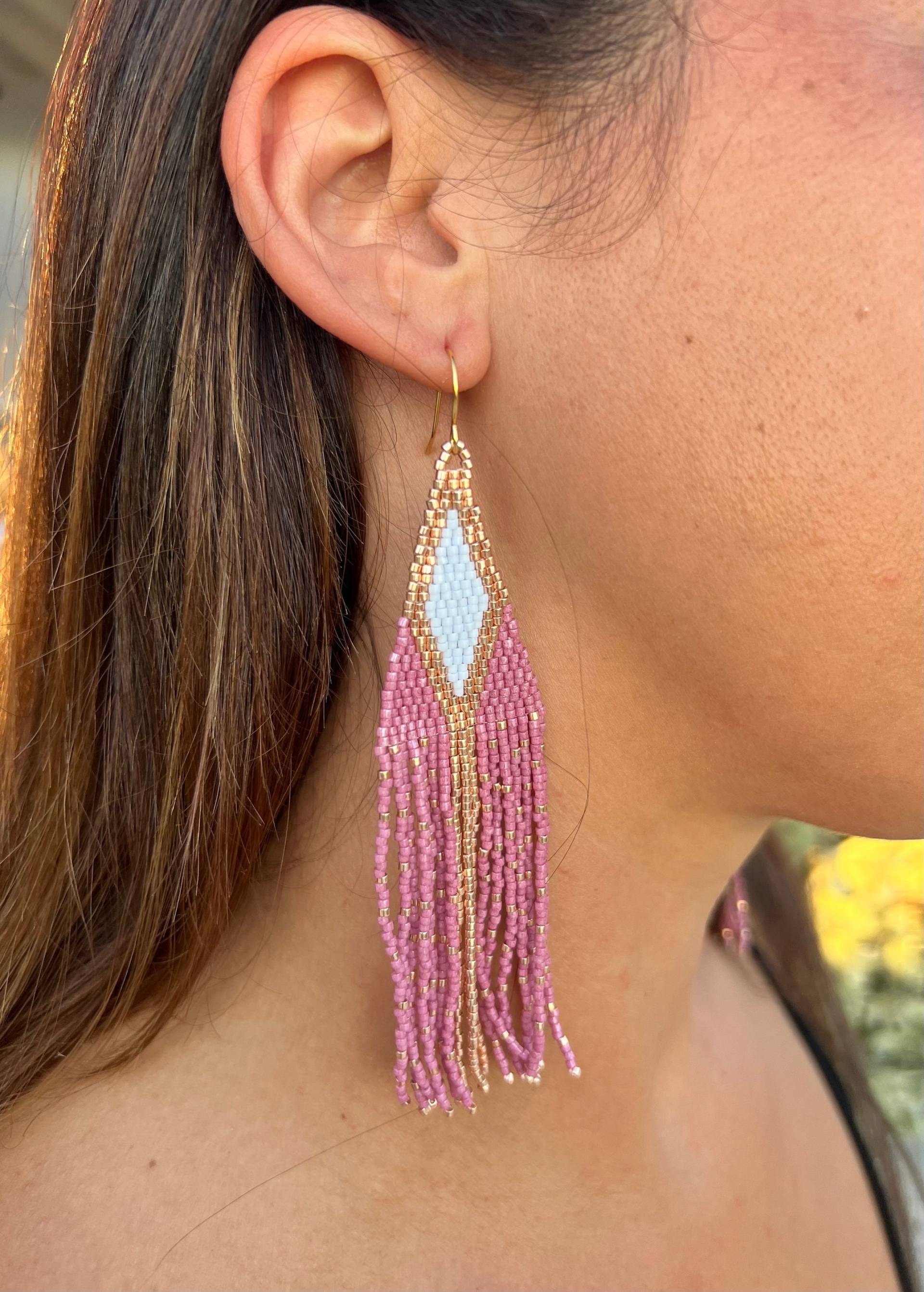 The Blue Diamond, Purple Sky Blue & Golden Miyuki Beads, Long Fringe Dangle, Boho Style Earrings. Miyuki Delicate Beaded Earrings von BijouxSamedi