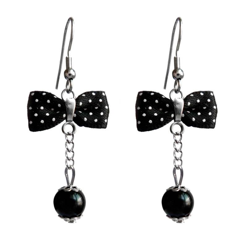 Retro-Inspirierte Schwarze Fliege-Ohrringe Mit Kleinen Weißen Punkten Aus Edelstahl von BijouxSoyokayFrance