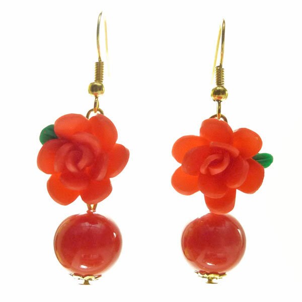 Perlenohrringe Aus Steinblumenrosen in Leuchtendem Rot Und Goldpolymer von BijouxSoyokayFrance
