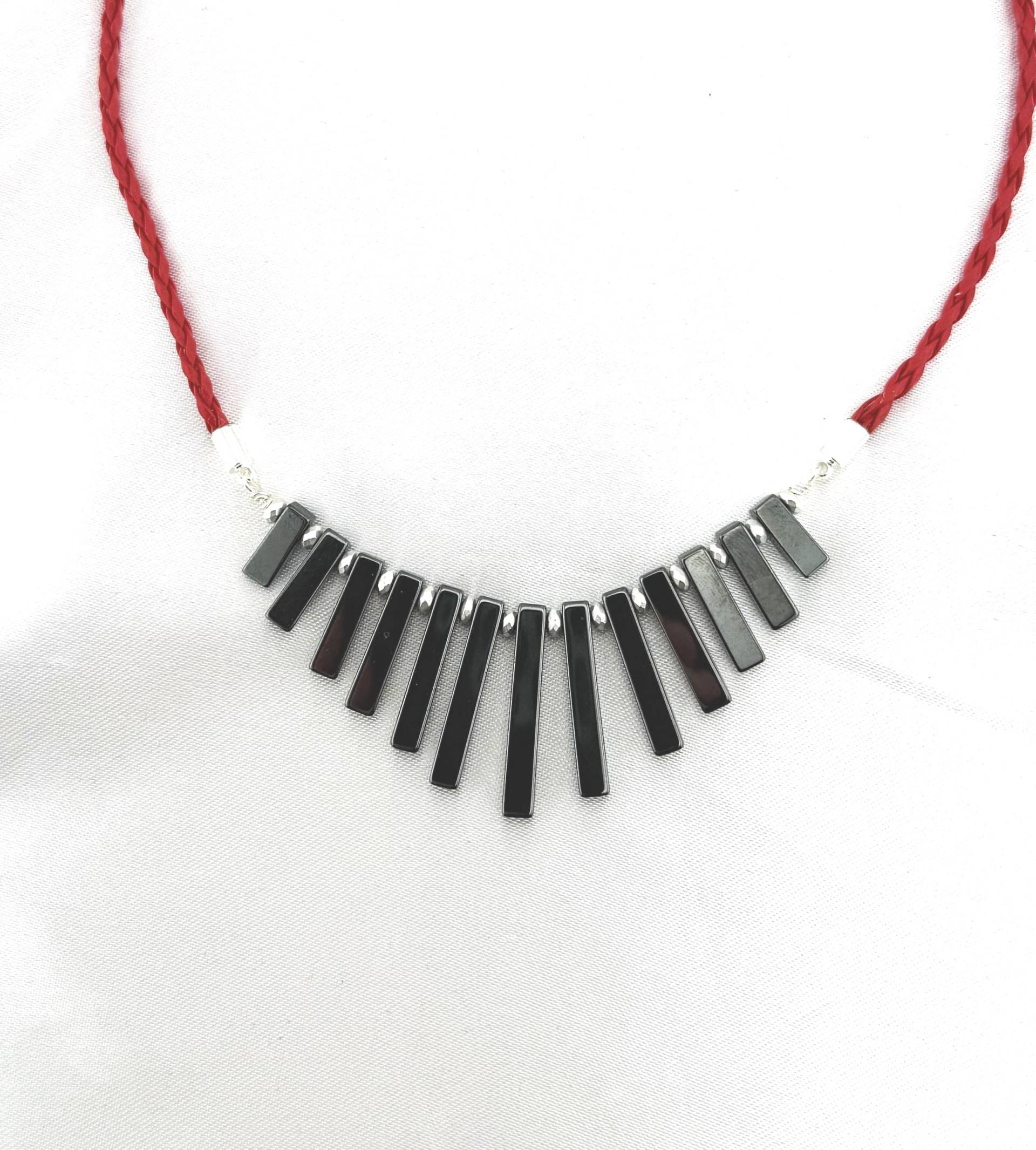 Hämatit-Halskette, Hämatit-Halsband, Kleopatra-Halskette, Geflochtene Lederhalskette von Bijouxzenitudech
