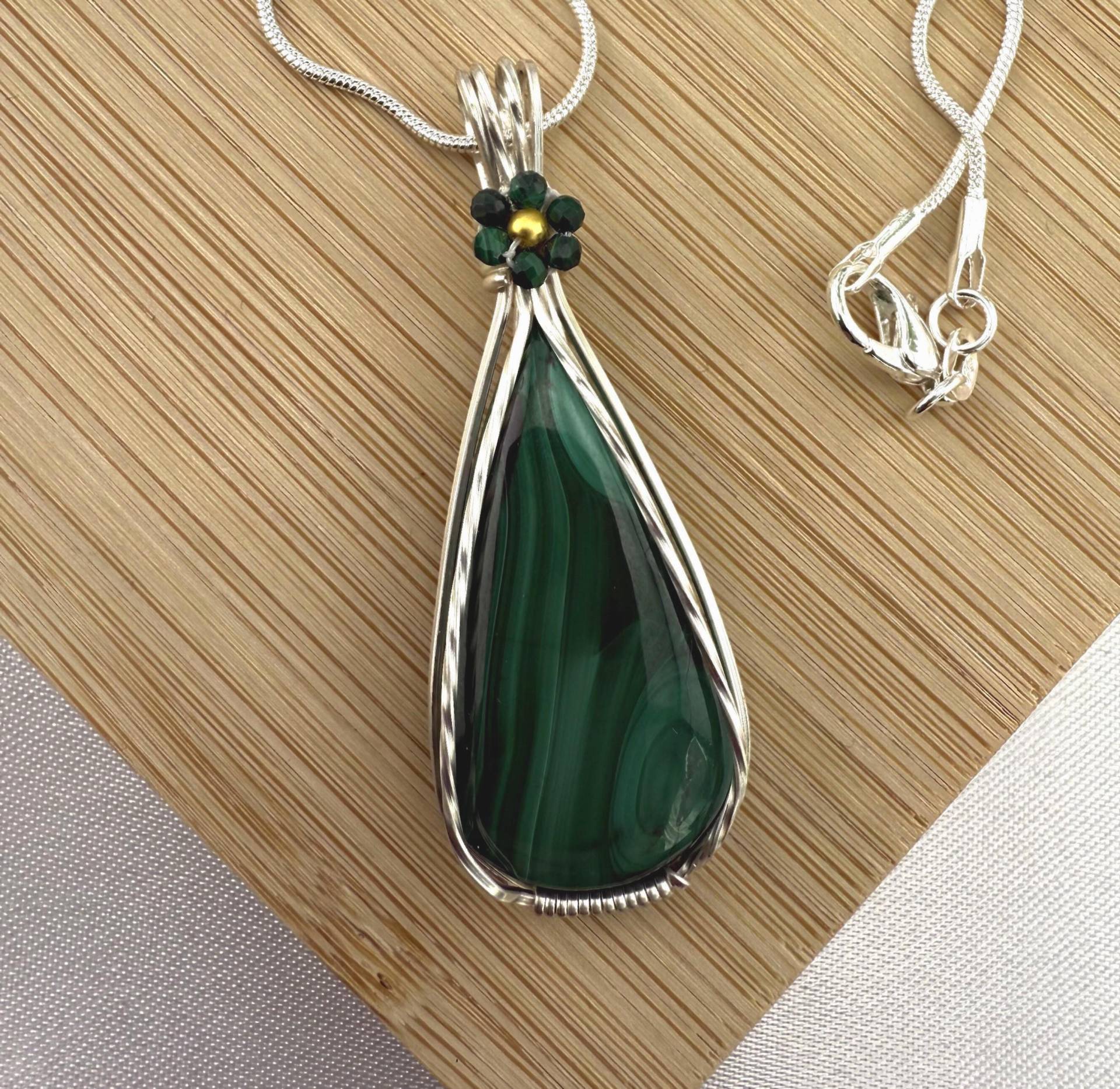 Malachit Anhänger, Halskette, Blumen 925 Sterling Silber von Bijouxzenitudech