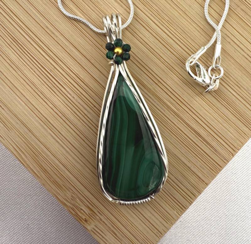 Malachit Anhänger, Halskette, Blumen 925 Sterling Silber von Bijouxzenitudech