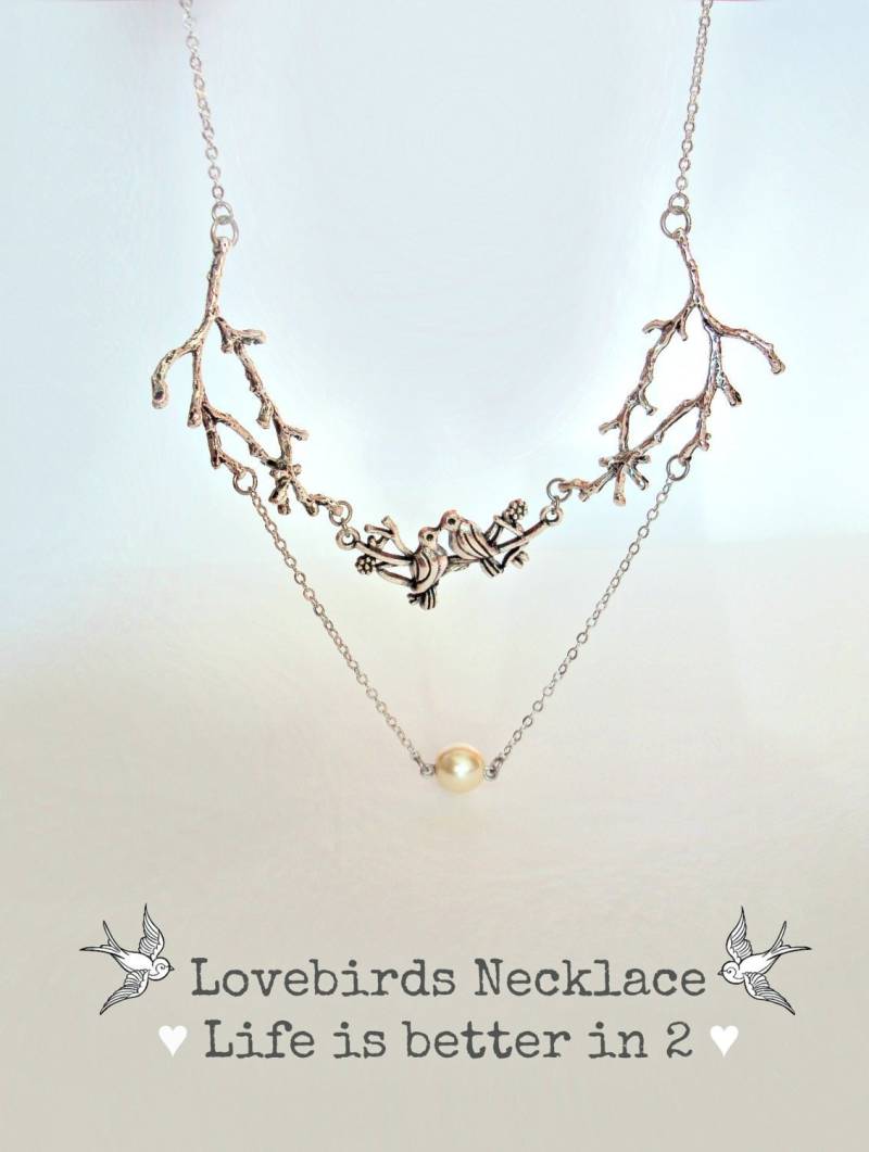 Silver Lovebirds Zweig Halskette Mit Elfenbein Perle, Edelstahl-Kette von BijuBrill