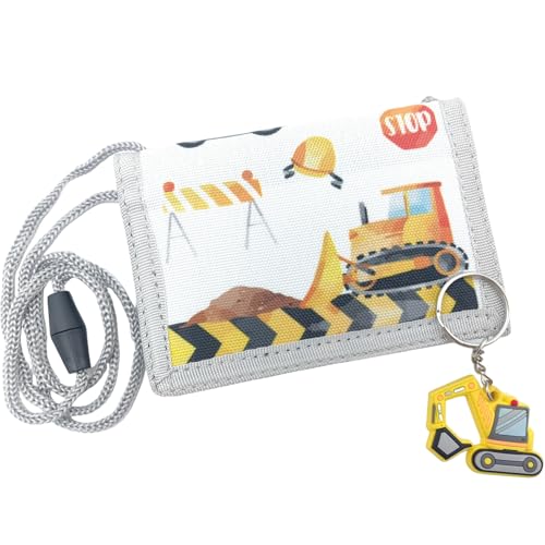 Brustbeutel Kinder Baustelle mit Schlüsselanhänger, Geldbörse Geldbeutel für Jungen, Bagger Geldbeutel zum umhängen, Brieftasche Kleine, Weihnachten Geburtstag Geschenk von Bikasun