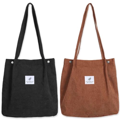 Bikasun Groß Umhängetasche Damen Cord Schultertasche Strandtasche Cord Tasche Crossbody Tasche Shopper Tote Bag Einkaufstasche Handtasche Shopper für Arbeit Einkaufen Schule Schwarz und Braun von Bikasun