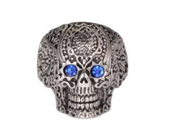 Damen Blau Gemusterte Stammes Tattoo-Schädel-Ring-Edelstahl-Motorrad-Schmuck von BikeChainJewelryCo