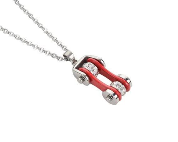 Damen Fahrrad Kette Silber Rot Crystal Bling 19 Zoll Edelstahl-Motorrad-Schmuck von BikeChainJewelryCo
