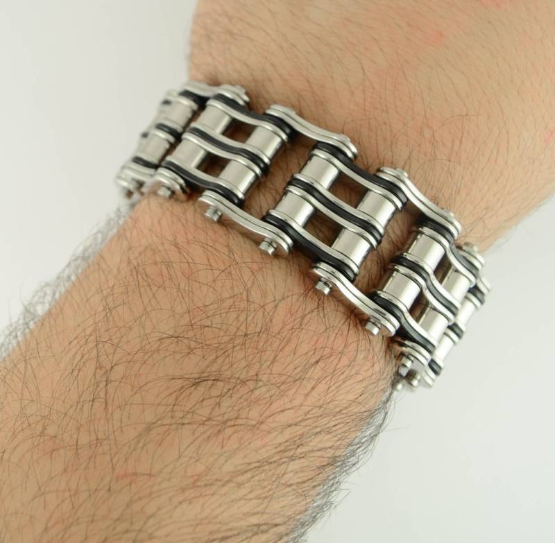 Heavy-Metal-Kette Schmuck 1" Breite Kette Armband 8, 5" Länge Zwei Ton Schwarz Silber Honda Ct70 Mini Radweg 5 von BikeChainJewelryCo