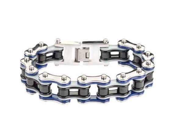 Quad Farbe Silber Blau Grau Schwarz 3/4 Zoll Breit Doppel Link Design Herren Edelstahl Motorrad Kettenarmband Quad Farbe Silber Blau Grau Schwarz 3/4 Zoll Breit Doppel Link Design Herren Edelstahl Motorrad Kettenarmband von BikeChainJewelryCo