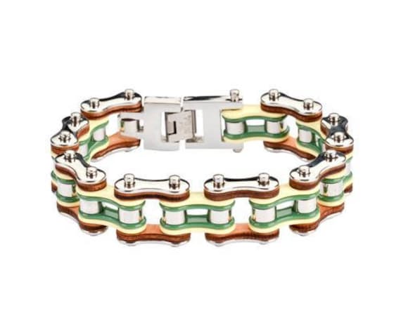 Quad Farbe Silber Gelb Grün Schwarz Leder 3/4 Zoll Breit Herren Edelstahl Motorrad Kettenarmband von BikeChainJewelryCo
