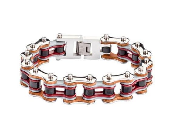 Quad Farbe-Silber-Grau-Rot-Schwarz-Leder 3/4 Zoll Breit Doppel Link Design Herren Edelstahl Motorrad Kettenarmband Quad Farbe-Silber-Grau-Rot-Schwarz-Leder 3/4 Zoll Breit Doppel Link Design Herren Edelstahl Motorrad Kettenarmband von BikeChainJewelryCo