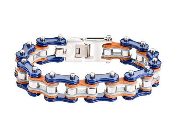 Tri Color-Ton Blau Grau Silber Leder 3/4 Zoll Breit Doppel Link Design Herren Edelstahl Motorrad Kettenarmband Tri Color-Ton Blau Grau Silber Leder 3/4 Zoll Breit Doppel Link Design Herren Edelstahl Motorrad Kettenarmband von BikeChainJewelryCo