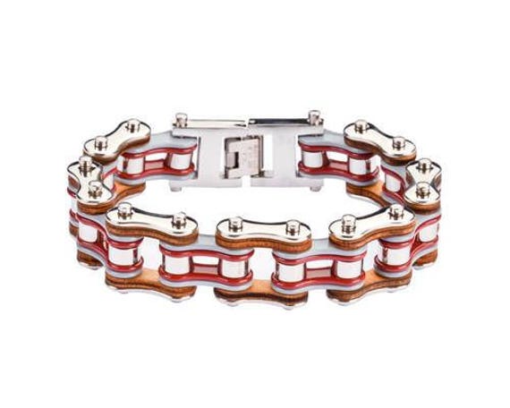 Tri Color Ton Silber Grau Rot Leder 3/4 Zoll Breit Doppel Link Design Herren Edelstahl Motorrad Kettenarmband Tri Color Ton Silber Grau Rot Leder 3/4 Zoll Breit Doppel Link Design Herren Edelstahl Motorrad Kettenarmband von BikeChainJewelryCo
