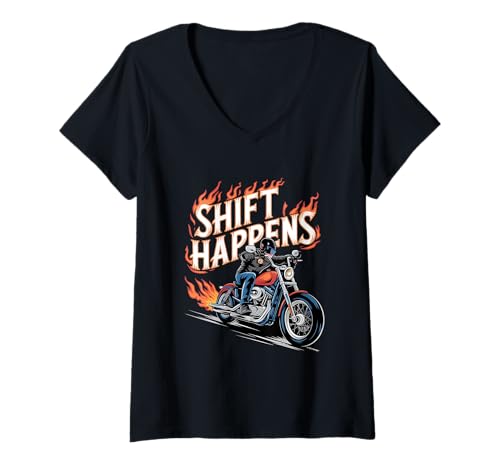 Damen Shift Happens Motorrad Biker T-Shirt mit V-Ausschnitt Damen Shift Happens Motorrad Biker T-Shirt mit V-Ausschnitt von Biker Guy