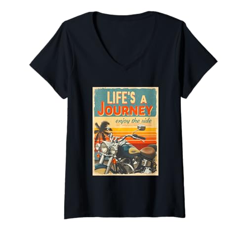 Damen Sunset Biker Lifes A Journey Enjoy The Ride Motorradliebhaber T-Shirt mit V-Ausschnitt von Biker Lifes A Journey Enjoy The Ride Motorcycle