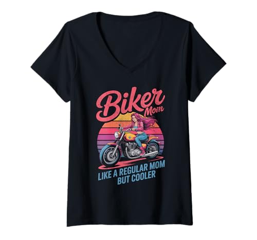 Damen Biker-Mama wie eine Normale Mutter, Aber cooleres Lustiges Motorrad T-Shirt mit V-Ausschnitt von Biker Mom Design Apparel