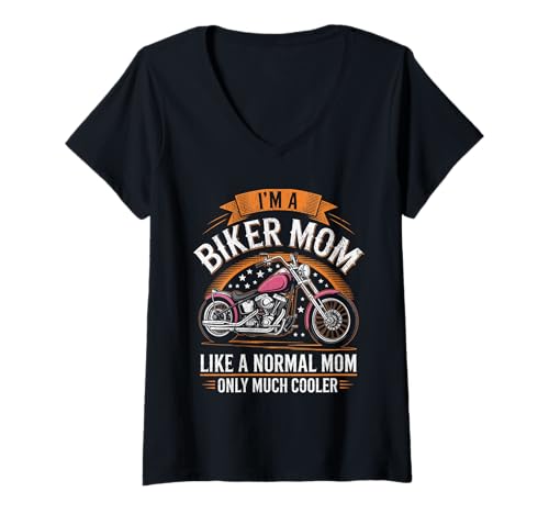 Damen Biker-Mama wie eine Normale Mutter, Aber cooleres Lustiges Motorrad T-Shirt mit V-Ausschnitt von Biker Mom Design Apparel