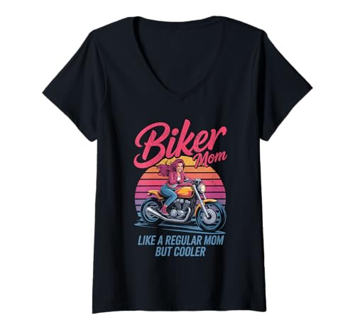 Damen Biker-Mama wie eine Normale Mutter, Aber cooleres Lustiges Motorrad T-Shirt mit V-Ausschnitt von Biker Mom Design Apparel