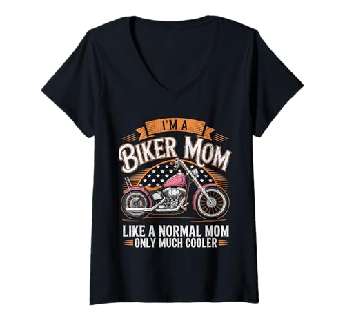 Damen Biker-Mama wie eine Normale Mutter, Aber cooleres Lustiges Motorrad T-Shirt mit V-Ausschnitt von Biker Mom Design Apparel