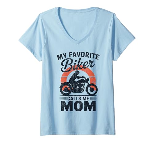Damen My Favorite Biker Calls Me Mom Lustiges Motorrad T-Shirt mit V-Ausschnitt von Biker Mom Design Apparel