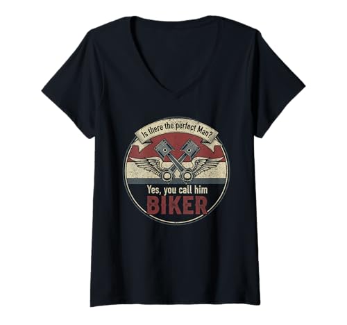 Damen Biker Perfekter Mann Flügel Kolben Motorrad Lustig T-Shirt mit V-Ausschnitt von Biker Perfekter Mann Lustige Motorrad Vater