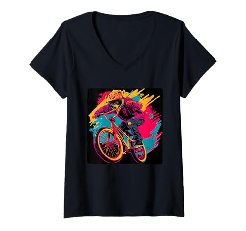 Damen Mehrfarbiges Teddybär-Kostüm mit coolem Fahrrad und BMX T-Shirt mit V-Ausschnitt Damen Mehrfarbiges Teddybär-Kostüm mit coolem Fahrrad und BMX T-Shirt mit V-Ausschnitt von Biker Teddy