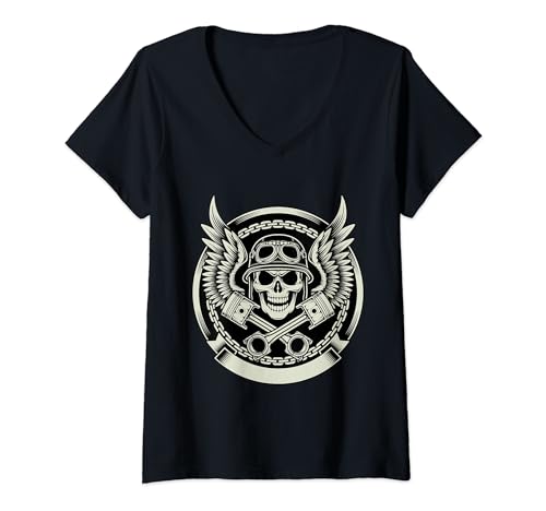 Damen Totenkopf mit Helm - Wilder Biker T-Shirt mit V-Ausschnitt von Biker Tee Serie