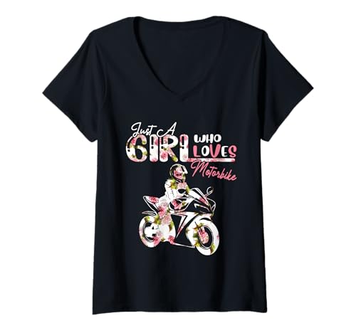 Damen Just A Girl Who Loves Motorbike Floral Woman Biker Lover T-Shirt mit V-Ausschnitt Damen Just A Girl Who Loves Motorbike Floral Woman Biker Lover T-Shirt mit V-Ausschnitt von Biker Vacations Costume