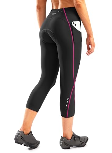 Damen 4D Gepolsterte Fahrradhose Hohe Taille Radfahren Shorts Fahrrad Capris 3/4 Radhose mit Reißverschlusstaschen von Bikewa