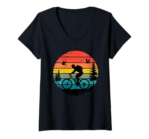 Damen Retro Vintage Sonnenuntergang Mountainbike Fahrrad Radfahren Design T-Shirt mit V-Ausschnitt von Biking Bike Lover Cyclist Graphic Gift Men Women