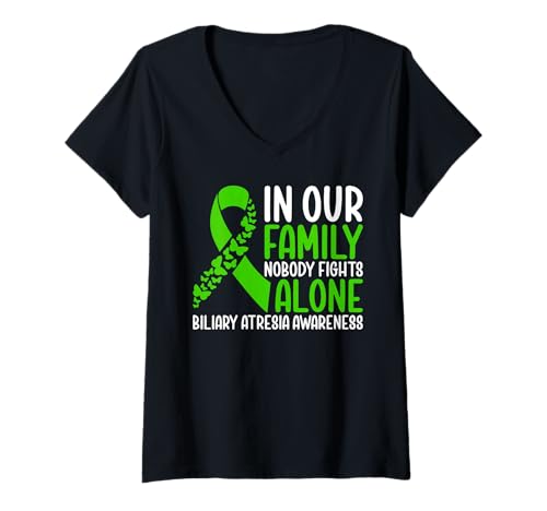 Damen Bewusstsein für Gallenatresie In unserer Familie kämpft niemand alleine T-Shirt mit V-Ausschnitt von Biliary Atresia Warrior Survivor Support Ribbon
