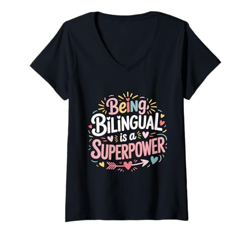 Damen Zweisprachig zu Sein ist eine Superpower ESL Teacher School T-Shirt mit V-Ausschnitt Damen Zweisprachig zu Sein ist eine Superpower ESL Teacher School T-Shirt mit V-Ausschnitt von Bilingual Teacher ESL Teacher Back To School
