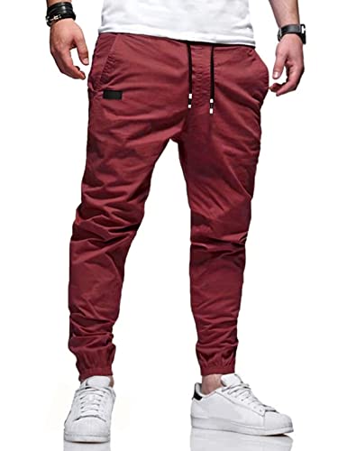 Bilitry Herren Jogger Chino Cargo Hose Wandern Outdoor Freizeithose Twill Fitness Track Jogginghose Casual Baumwollhose, Weinrot, XXL von Bilitry
