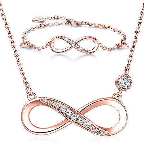 Billie Bijoux Infinity Unendlichkeit Symbol Damen Armband Halskette 925 Sterling Silber Zirkonia Armkette Verstellbar Armband Halsketten Schmuck-Set (B-Rose Gold) von Billie Bijoux