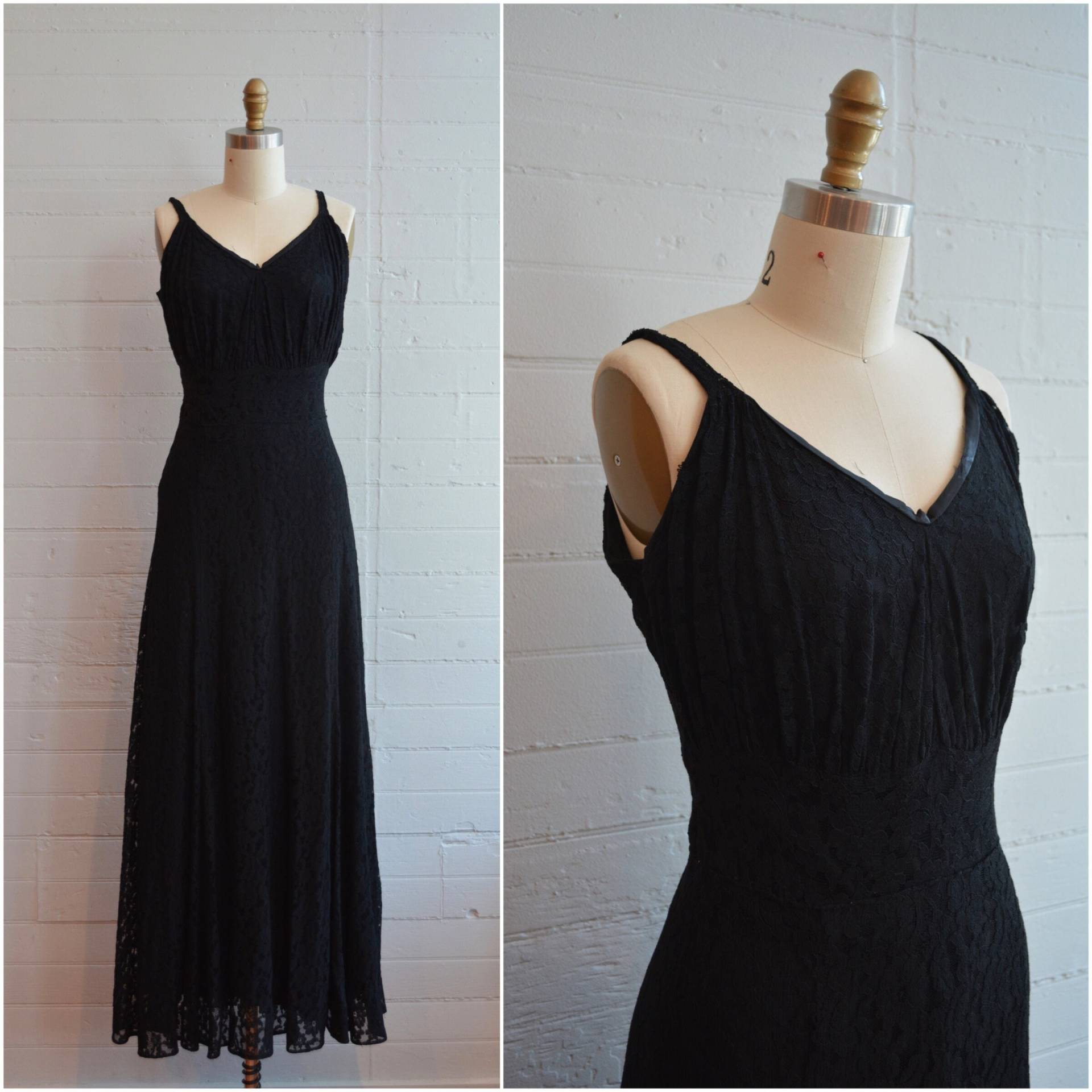 1940Er 40Er Jahre Schwarzes Spitzenkleid Mit Tiefem Rücken V-Ausschnitt Skinny Straps Mermaid A- Linie - Größe Small/Medium von BillieJeanVintage