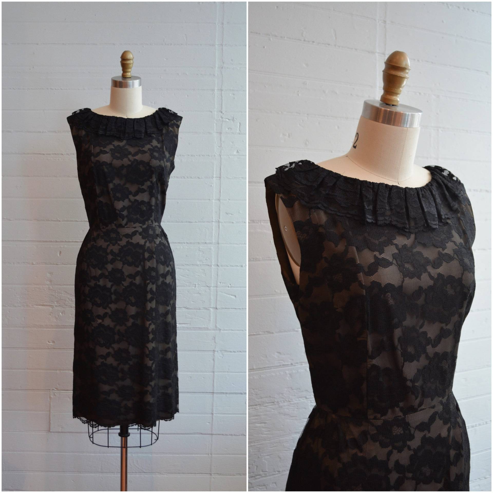 1950Er 50Er Jahre Schwarzes Spitzenkleid, Wackelkleid, Bleistiftrock, Rüschen, Ärmellos - Größe Small/Medium von BillieJeanVintage