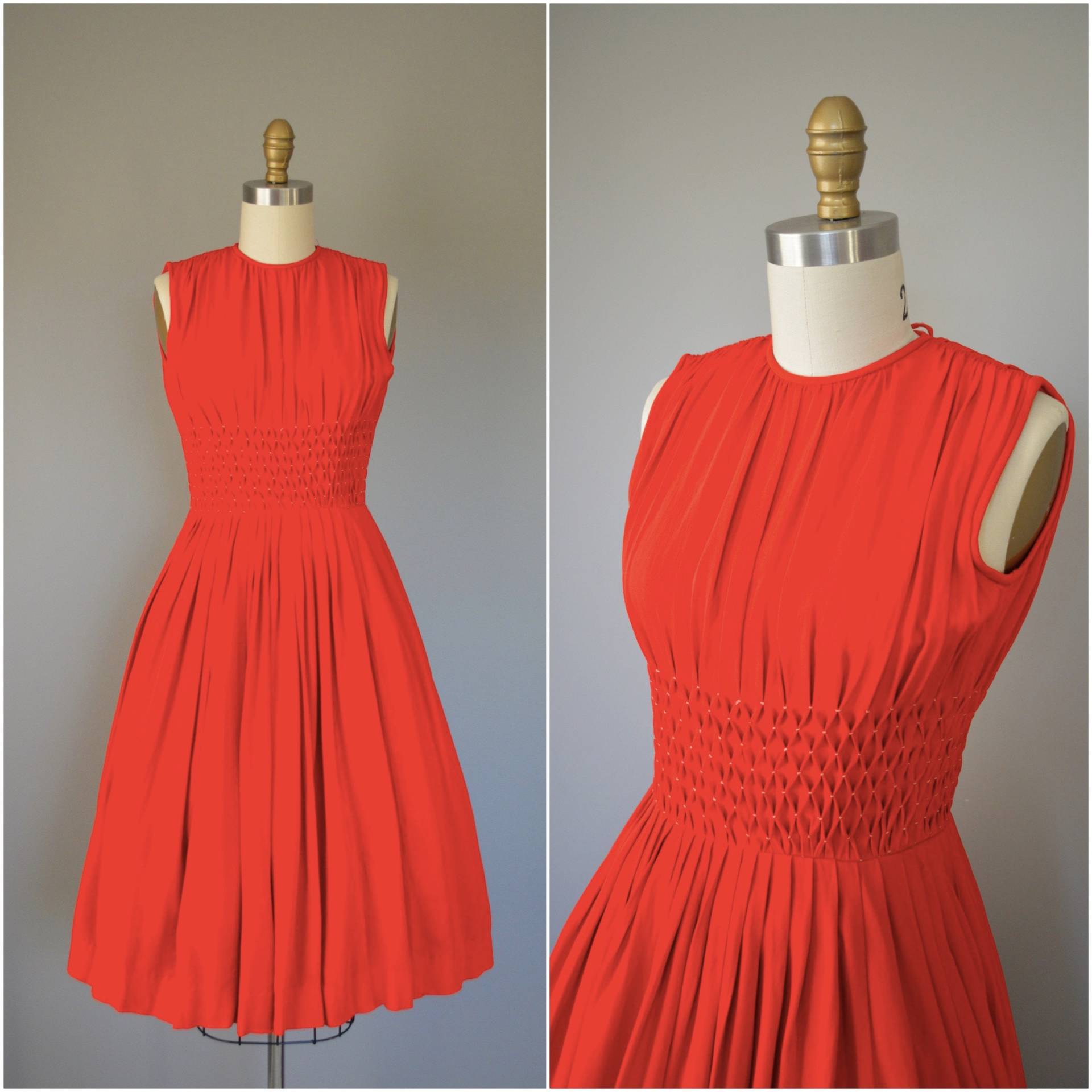 1950S Hand Gesmoktes Kleid Rockrot Urlaubskleid Viskose Rock Mit Schlüsselloch Zurück Gr. Xxsmall von BillieJeanVintage