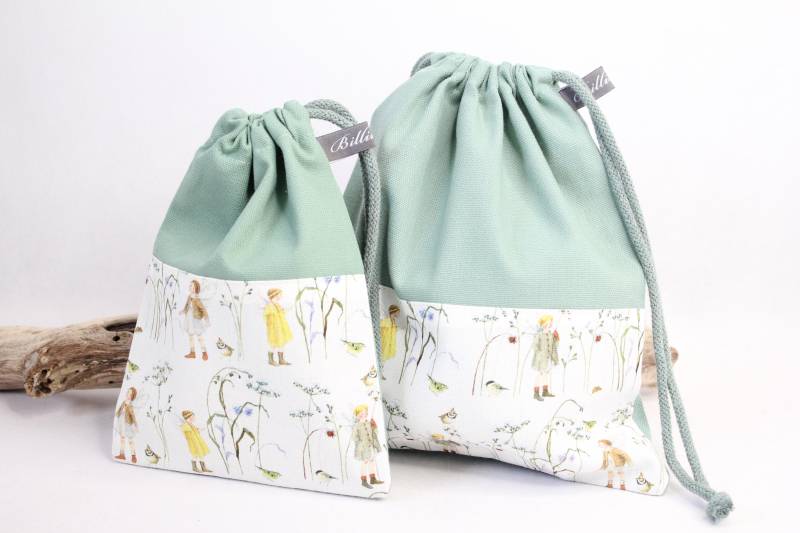 Eurythmiebeutel, Schläppchenbeutel, Zugbeutel, Rechensäckchen "Elfen Altgrün" von Billinchen