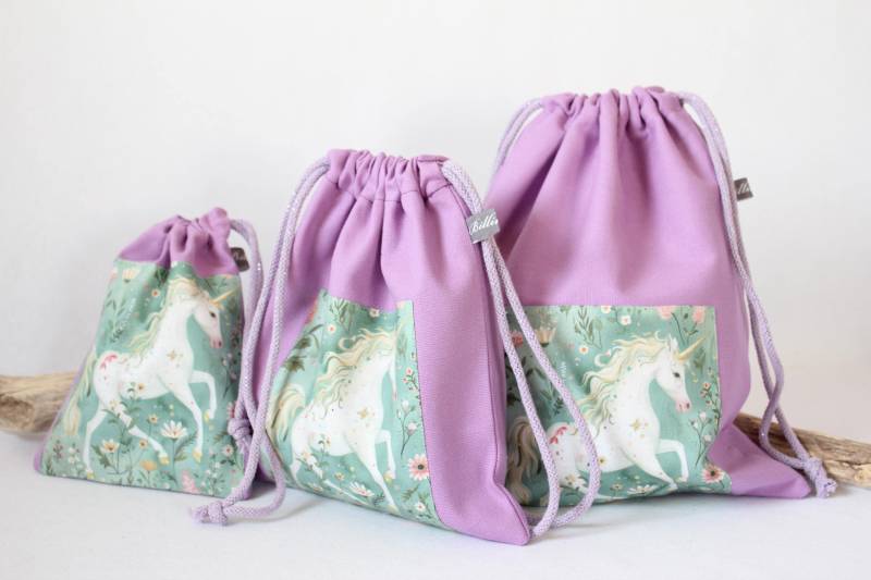 Eurythmiebeutel, Schläppchenbeutel, Zugbeutel, Rechensäckchen "Weißes Einhorn Lila" von Billinchen