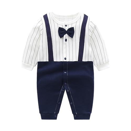 Neugeborene Baby Jungen Strampler Langarm Kleine Gentleman Fake Two Pieces Anzug Hemdkragen mit Fliege Hosenträgern Knopfverschluss Einteiler Outfit - Navy für 0-12 Monate von Billion Xin