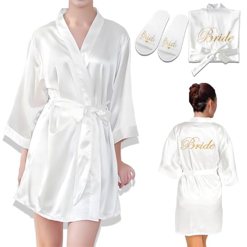 Billowvolve V Ausschnitt Damen Brautjungfern Roben Kimono Bride Morgenmantel Bademantel Satin Nachtwäsche Badmantel Braut Kurz mit Hausschuhe für Hochzeit、Pajama Party von Billowvolve
