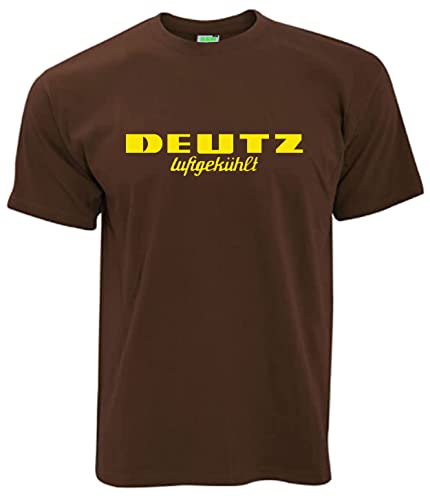 T-Shirt Deutz Luftgekühlt Herrenshirt Kurzarm Rundkragen gelber Brustdruck | Braun | Größe L von Bimaxx