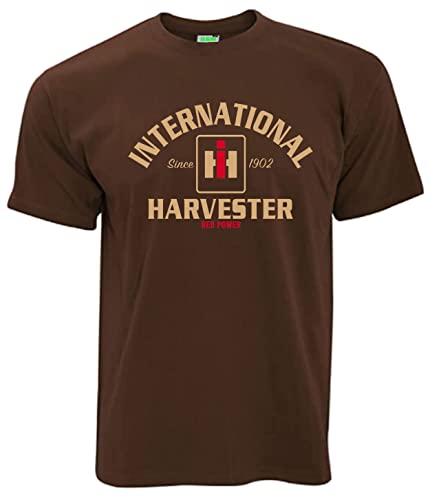 T-Shirt International Harvester Red Power IHC Oldtimer-Motiv Herrenshirt Kurzarm Rundkragen Brustdruck | Braun | Größe L von Bimaxx