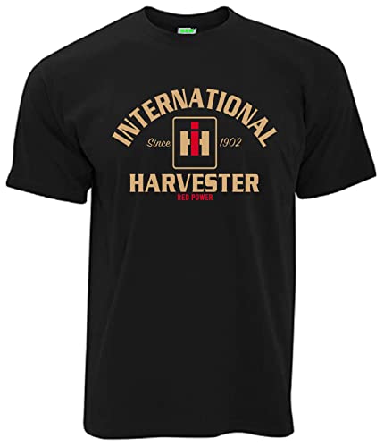 T-Shirt International Harvester Red Power IHC Oldtimer-Motiv Herrenshirt Kurzarm Rundkragen Brustdruck | Schwarz | Größe L von Bimaxx