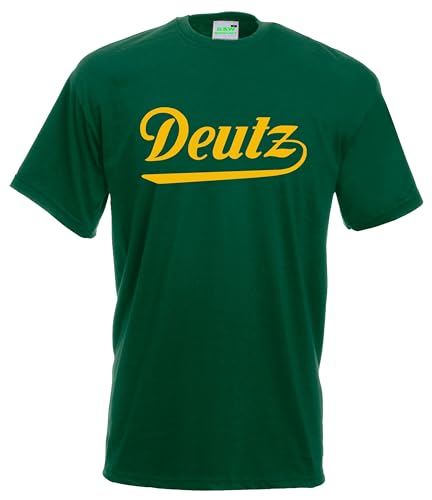Deutz T-Shirt Oldtimer Logo Standmotor Herrenshirt Kurzarm Rundkragen gelber Brustdruck | Grün | Größe L von Bimaxx