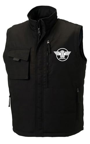 Oldtimer-Weste Hanomag Brust- und Rückendruck Ärmellos verdeckter Reißverschluss | Schwarz | Druck weiß | Größe M von Bimaxx