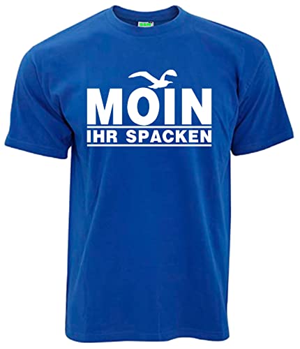 Moin Ihr Spacken T-Shirt Herren Kurzarm Rundkragen Brustdruck Plattdeutsch | Royalblau | Größe L von Bimaxx