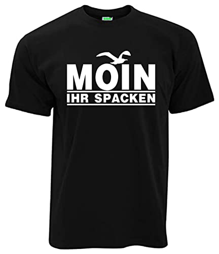 Moin Ihr Spacken T-Shirt Herren Kurzarm Rundkragen Brustdruck Plattdeutsch | Schwarz | Größe S von Bimaxx